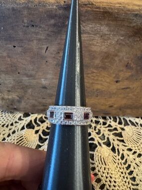 Bomb Party Garnet and Cubic Zirconia on Rhodium Plating-New-Size 8